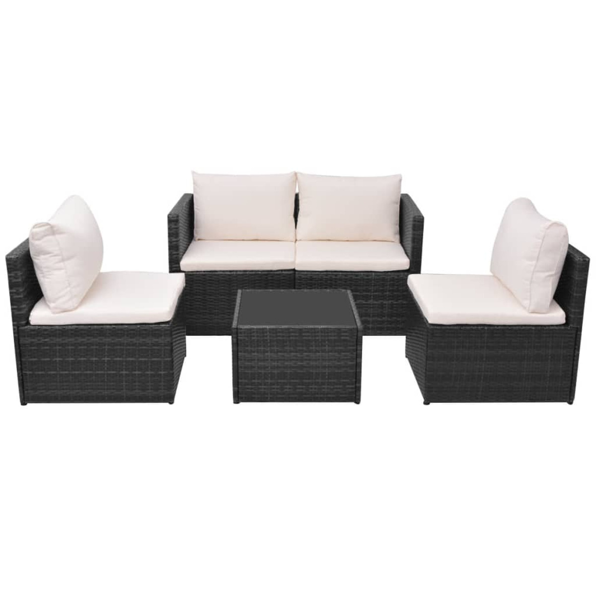 Schwarzes Korbmöbel-Set mit weißen Kissen und einem schwarzen quadratischen Tisch. Weißer Hintergrund.