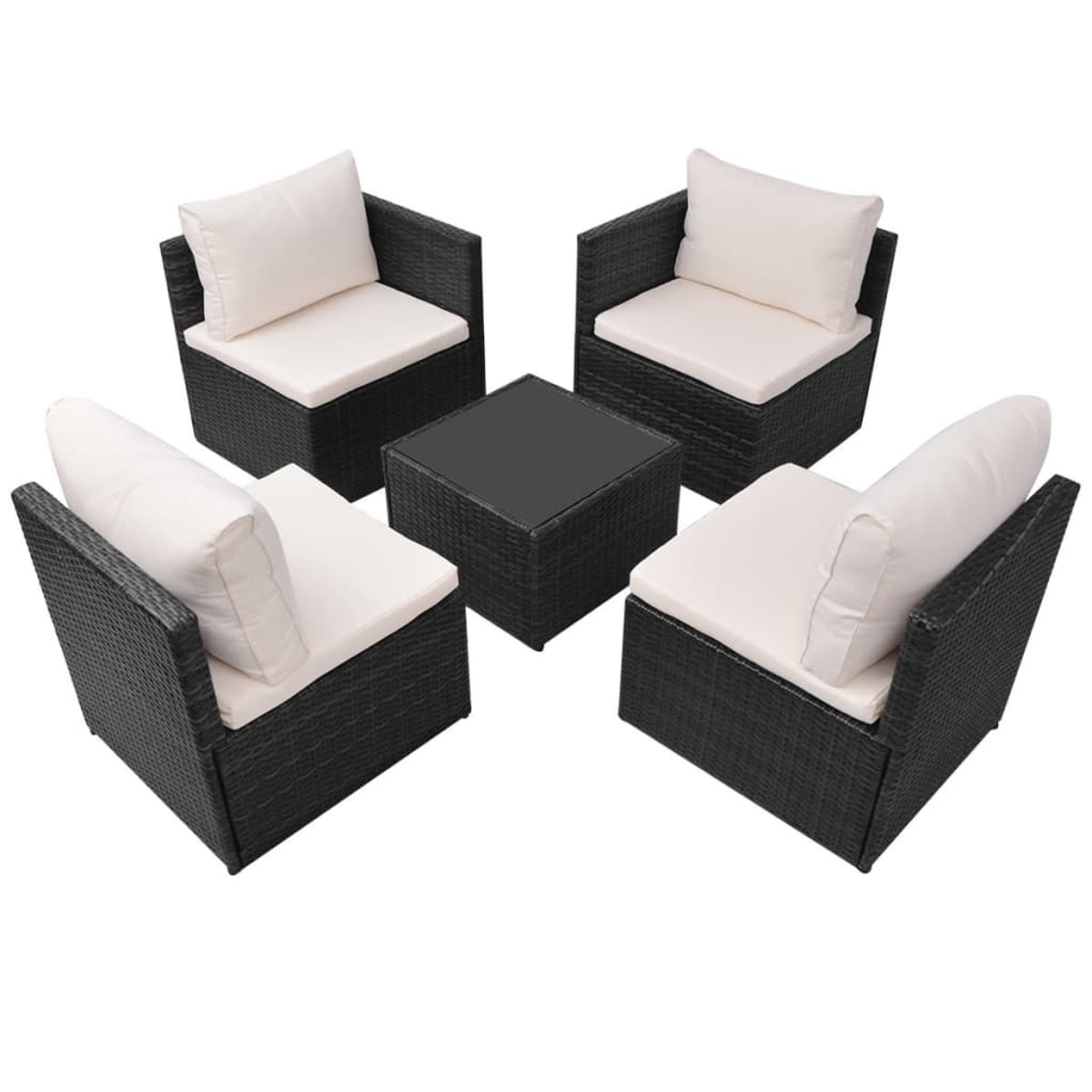 Gartenmöbel-Set mit vier Stühlen und einem quadratischen Tisch. Schwarzes Korbgeflecht.