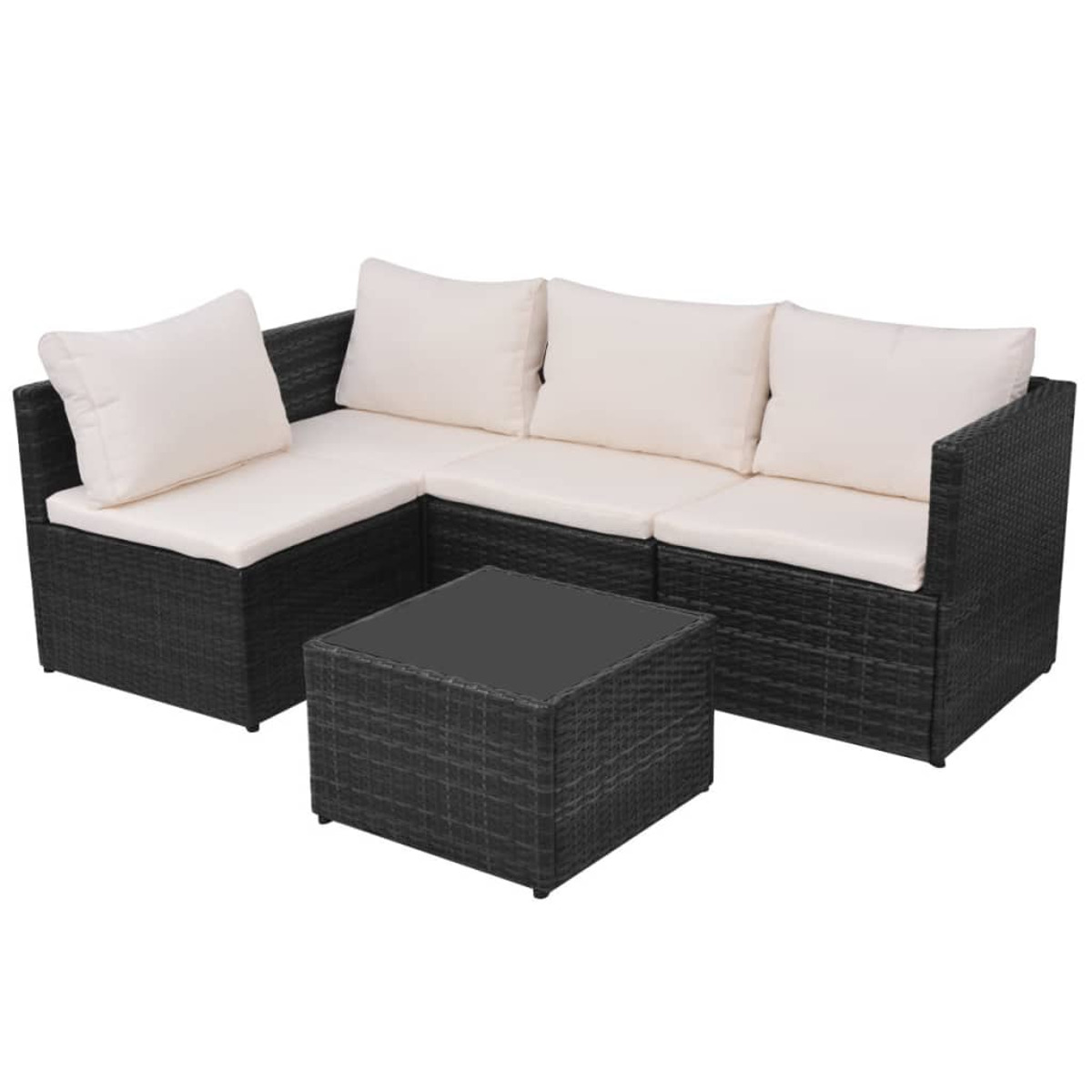 Schwarzes Rattan-Ecksofa mit quadratischem Couchtisch und weißen Kissen.