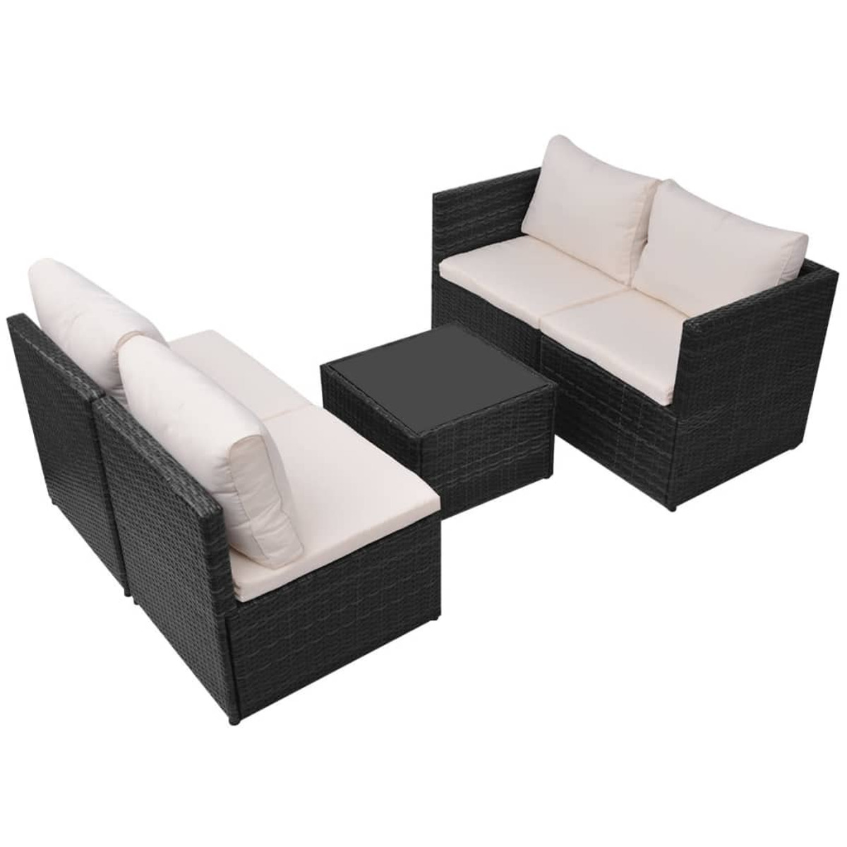 Schwarzes Korbsitz-Set für draußen mit cremefarbenen Kissen und quadratischem Tisch.
