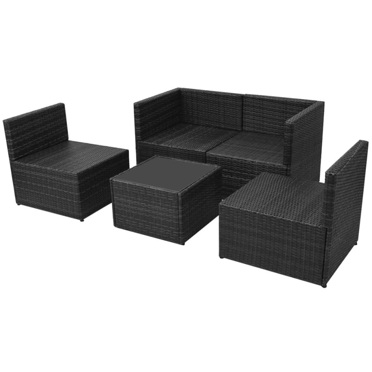 Schwarzes Korbsessel-Set: zwei Stühle, ein Loveseat und ein quadratischer Couchtisch.