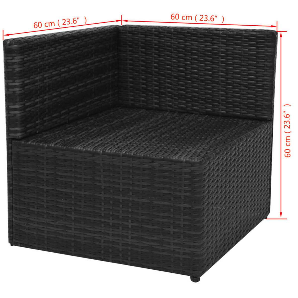 Schwarzer Eckstuhl aus Rattan. Der Stuhl ist quadratisch.