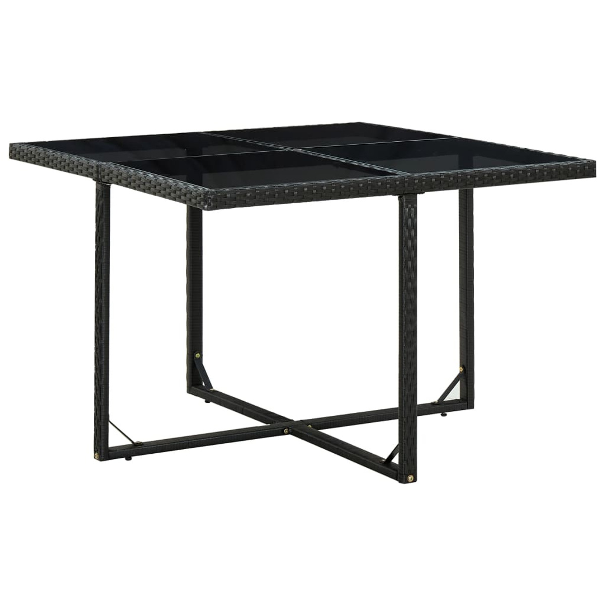 Quadratischer Tisch mit schwarzer Glasplatte und schwarzem Korbrahmen.
