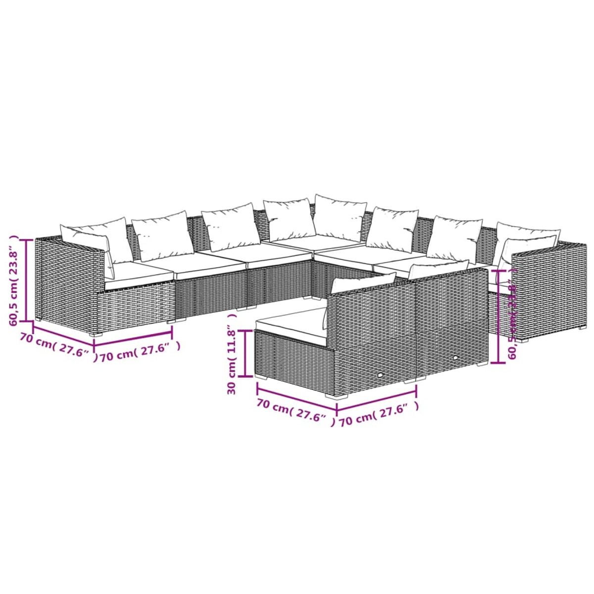 Ecksofa aus Korbgeflecht im Freien mit weißen Kissen. Diagramm mit Maßen in cm: 70x70x60,5 und 30.