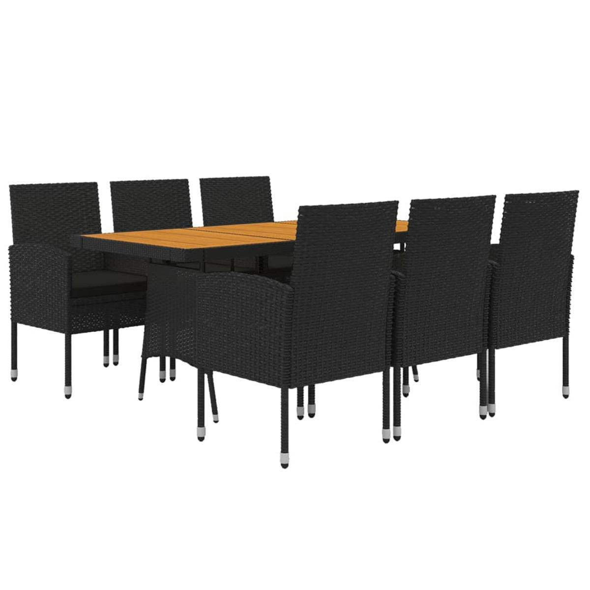 Ein Tisch mit acht schwarzen Korbstühlen. Der Tisch ist rechteckig und die Stühle haben Armlehnen.