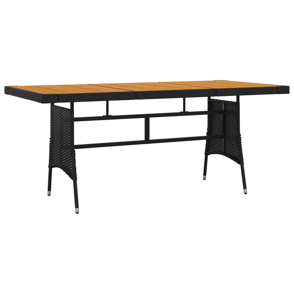 Rechteckiger Outdoor-Tisch mit Holzplatte und schwarzen, gewebten Seiten.