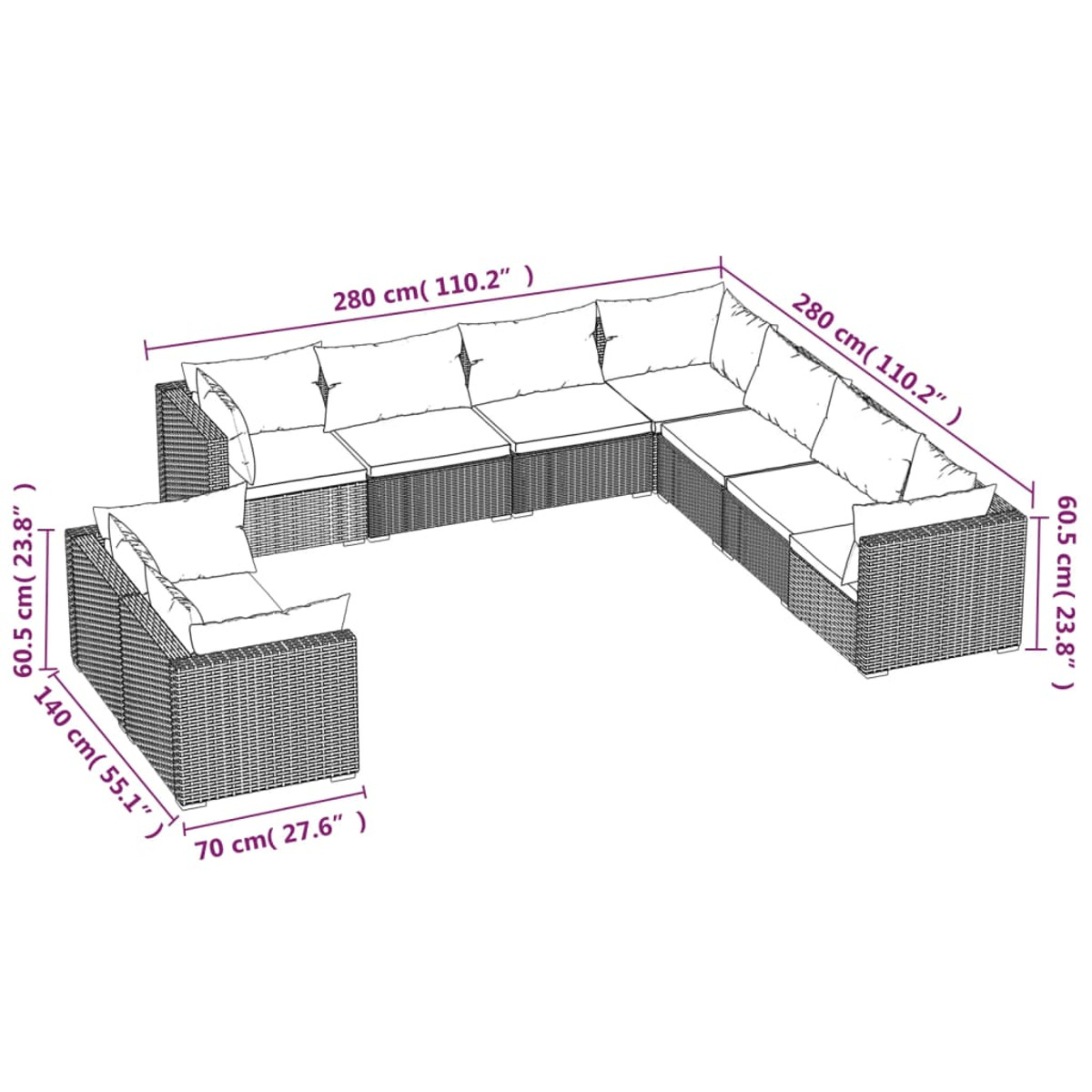 U-förmiges Outdoor-Sofaset. Graues Korbgeflecht, weiße Kissen. Maße gezeigt. Weißer HG.