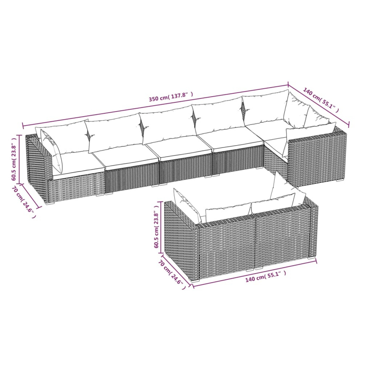 Abmessungen des Outdoor-Ecksofas. Zeigt die Abmessungen des Sofas in cm und Zoll.