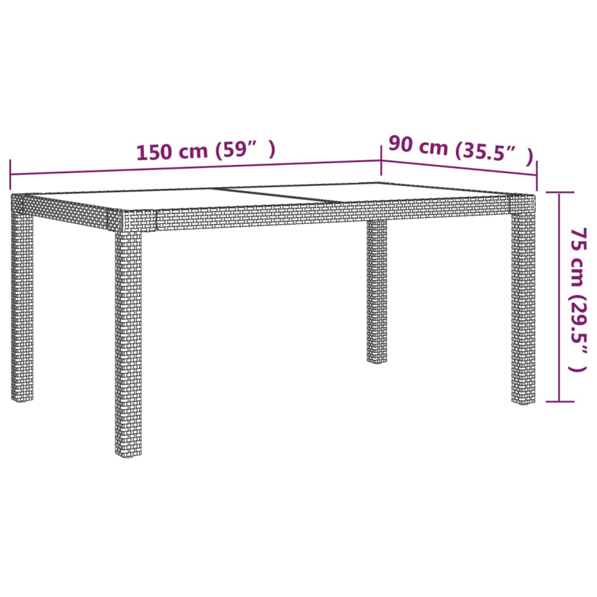 Rechteckiger Gartentisch mit den Maßen: 150x90x75 cm. Aus gewebtem Material.