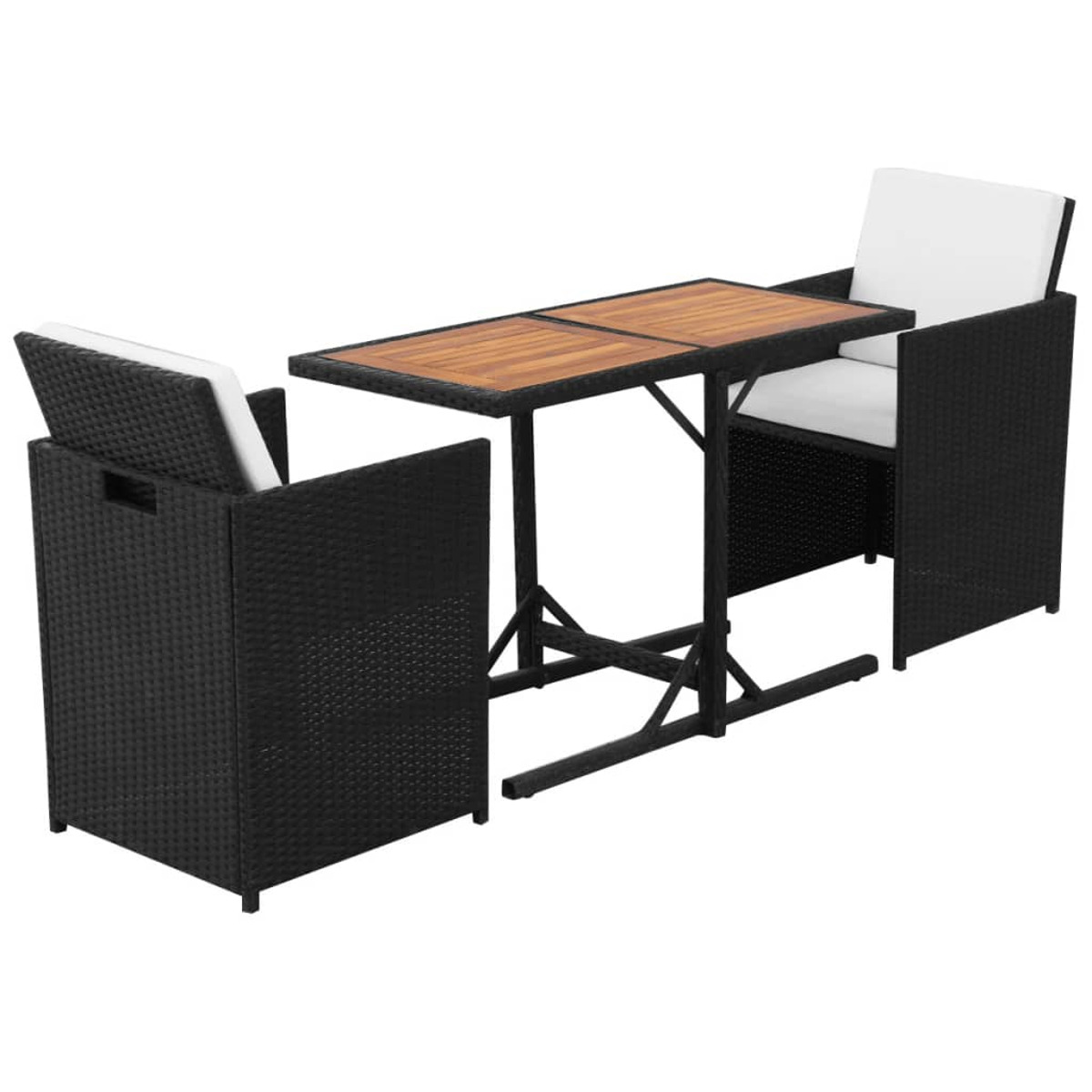Schwarzes Rattan-Bistro-Set mit Holztisch und zwei Stühlen. Weiße Kissen.