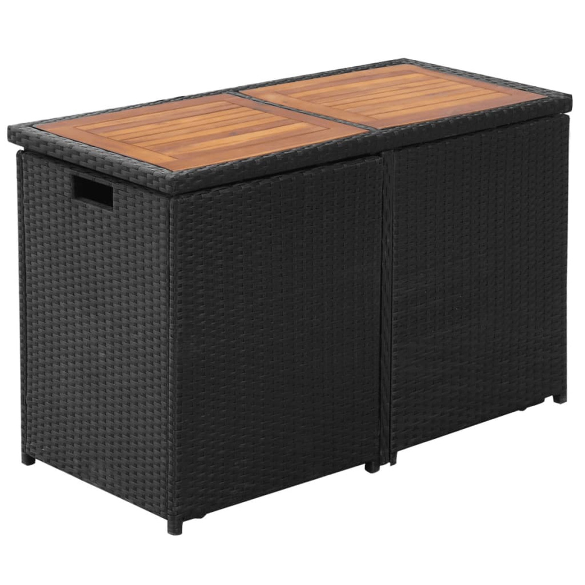 Schwarze Rattan-Aufbewahrungsbox mit Holzplatte. Zwei Abschnitte mit Griff an der Seite.