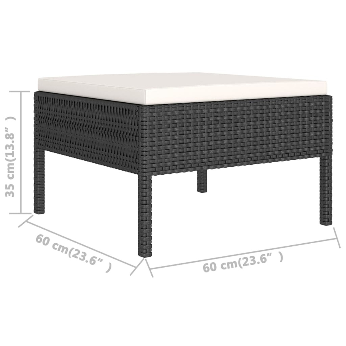 Grauer, gewebter Hocker mit einem weißen Kissen oben, mit Abmessungen in cm.