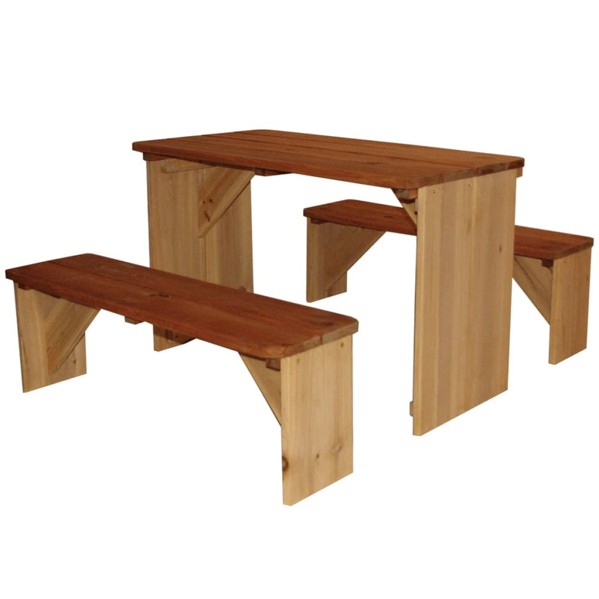 Holz-Picknicktisch und zwei Bänke. Der Tisch und die Bänke sind aus Holz.