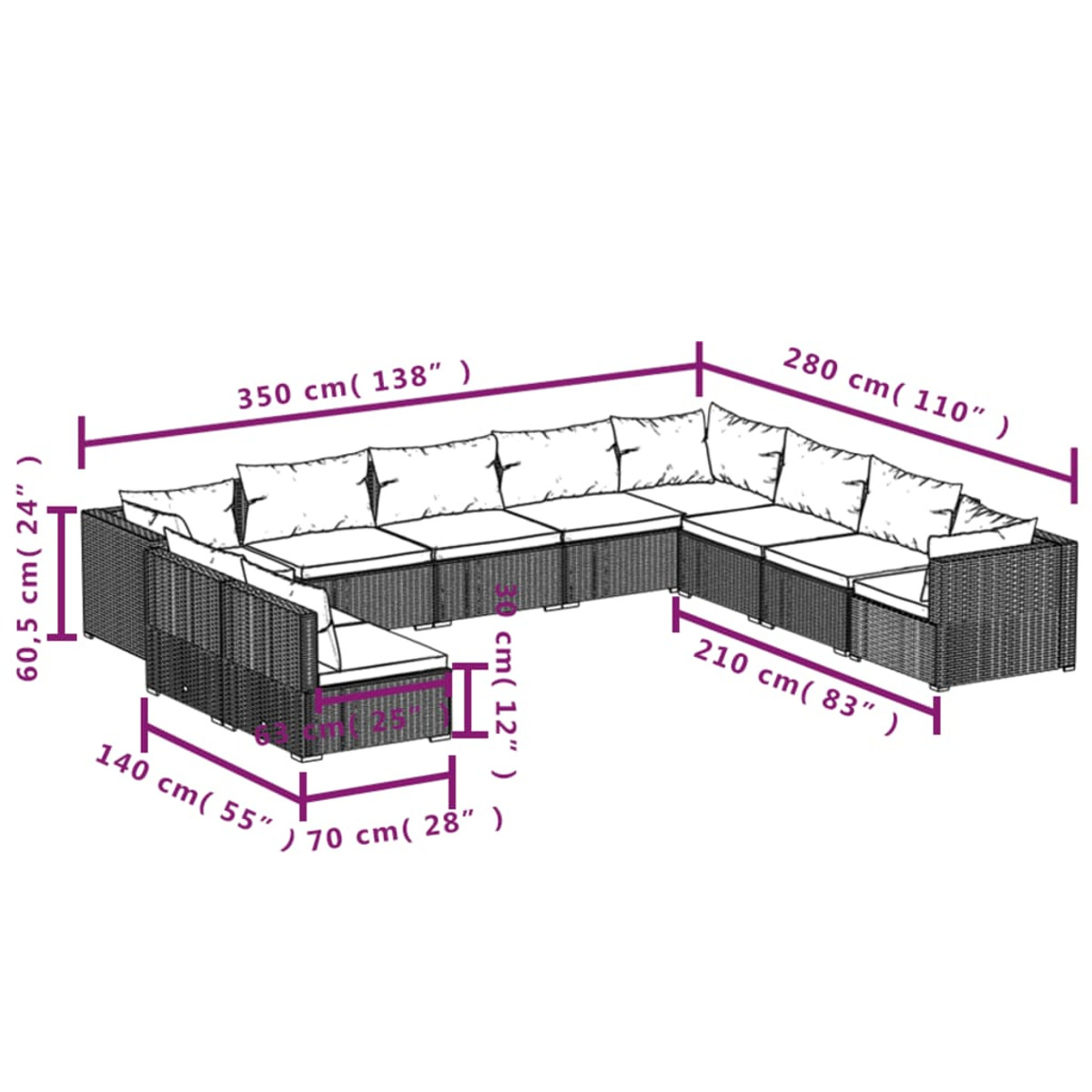 U-förmiges Outdoor-Sofa mit vielen weißen Kissen. Abmessungen sind angegeben. Weidenstil.