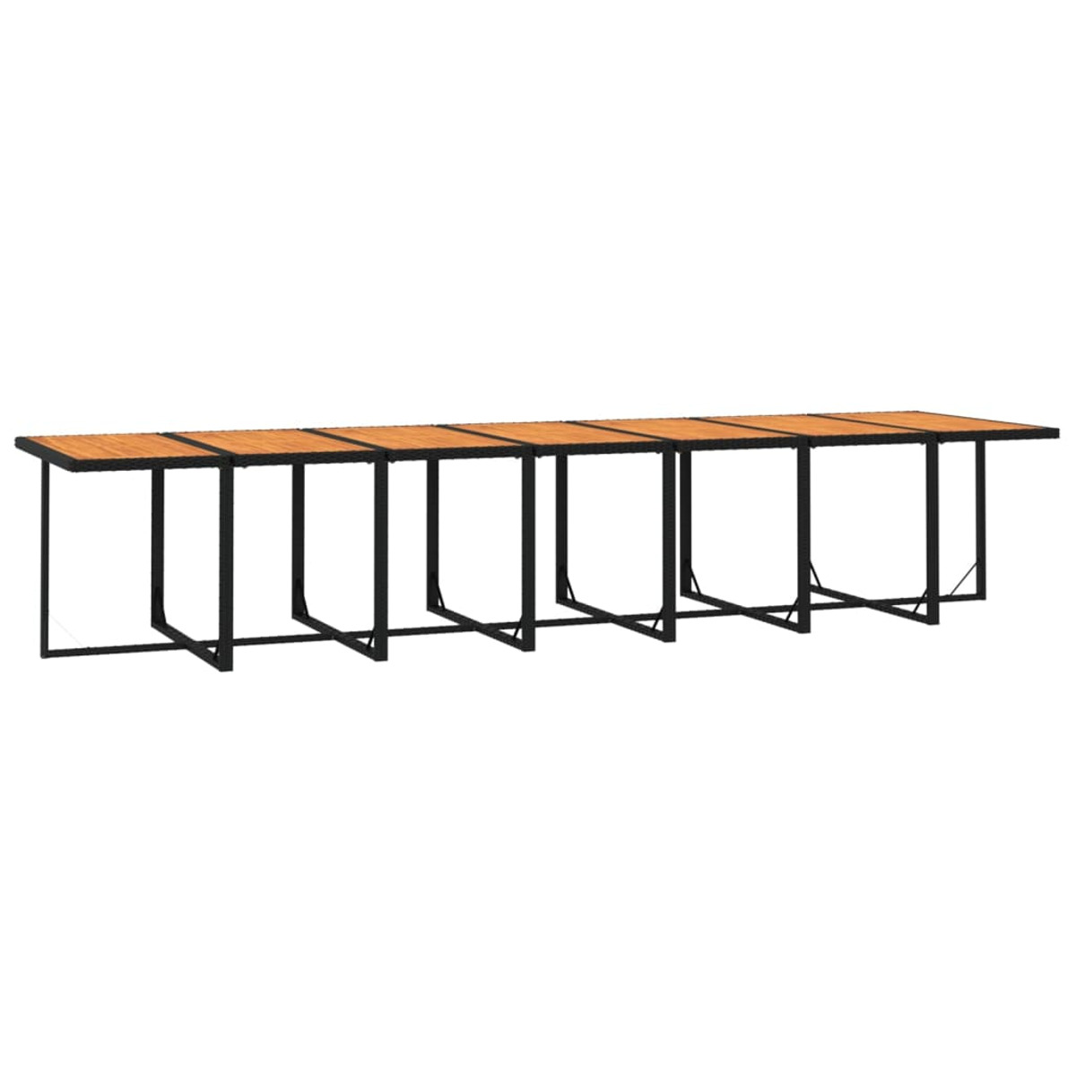 Langer, rechteckiger Tisch mit schwarzem Metallrahmen und Holzplatte. Weißer Hintergrund.