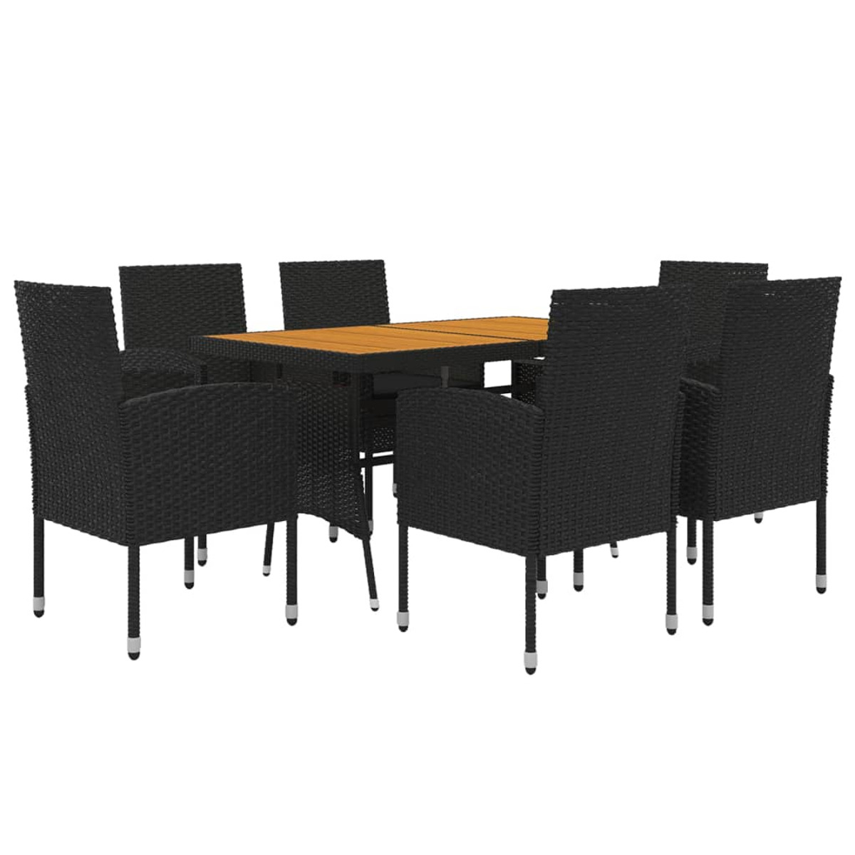 Essgruppe für den Außenbereich mit schwarzen Korbstühlen und einem Holztisch mit schwarzem Rand.