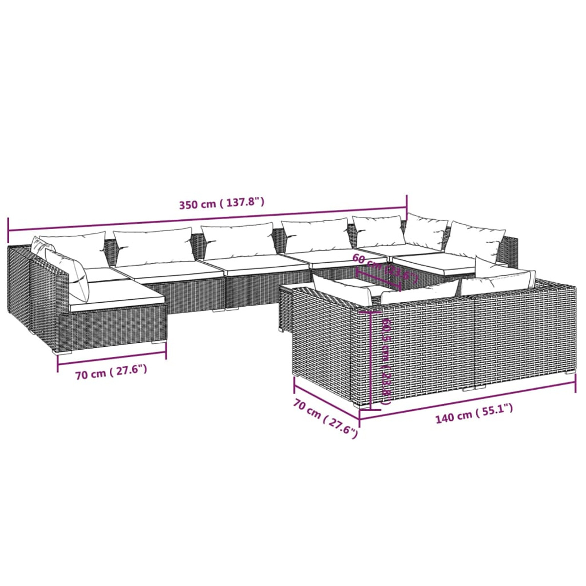 Diagramm, das ein Outdoor-Korbmöbelset mit Abmessungen in cm und Zoll zeigt.