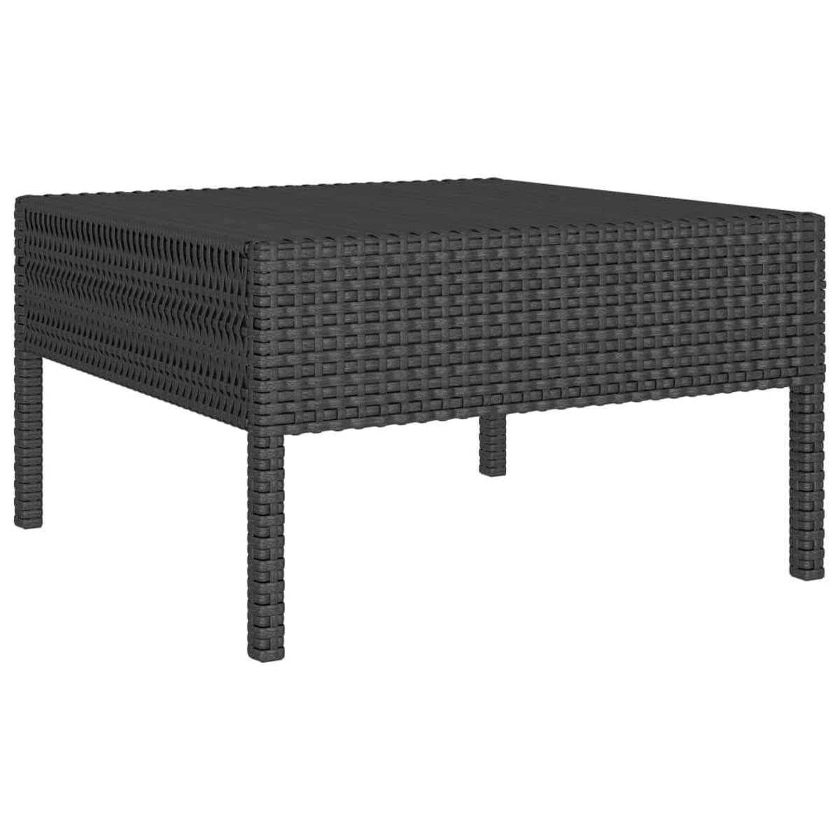 Schwarzer quadratischer Outdoor-Wickeltisch mit vier Beinen. Die gewebte Textur erzeugt eine dunkle, strukturierte Oberfläche.