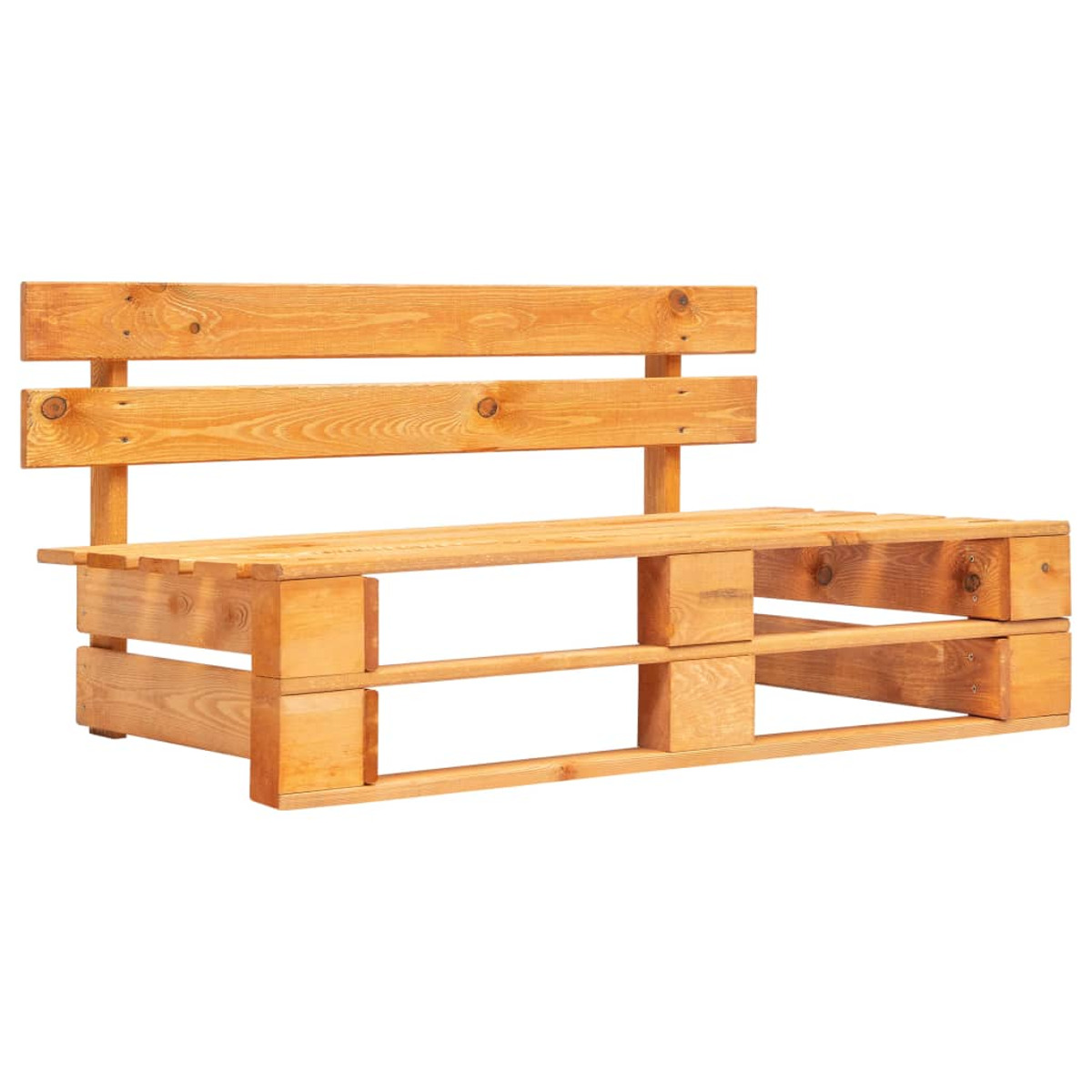 Holzpalettenbank mit Rückenlehne, isoliert auf weißem Hintergrund.