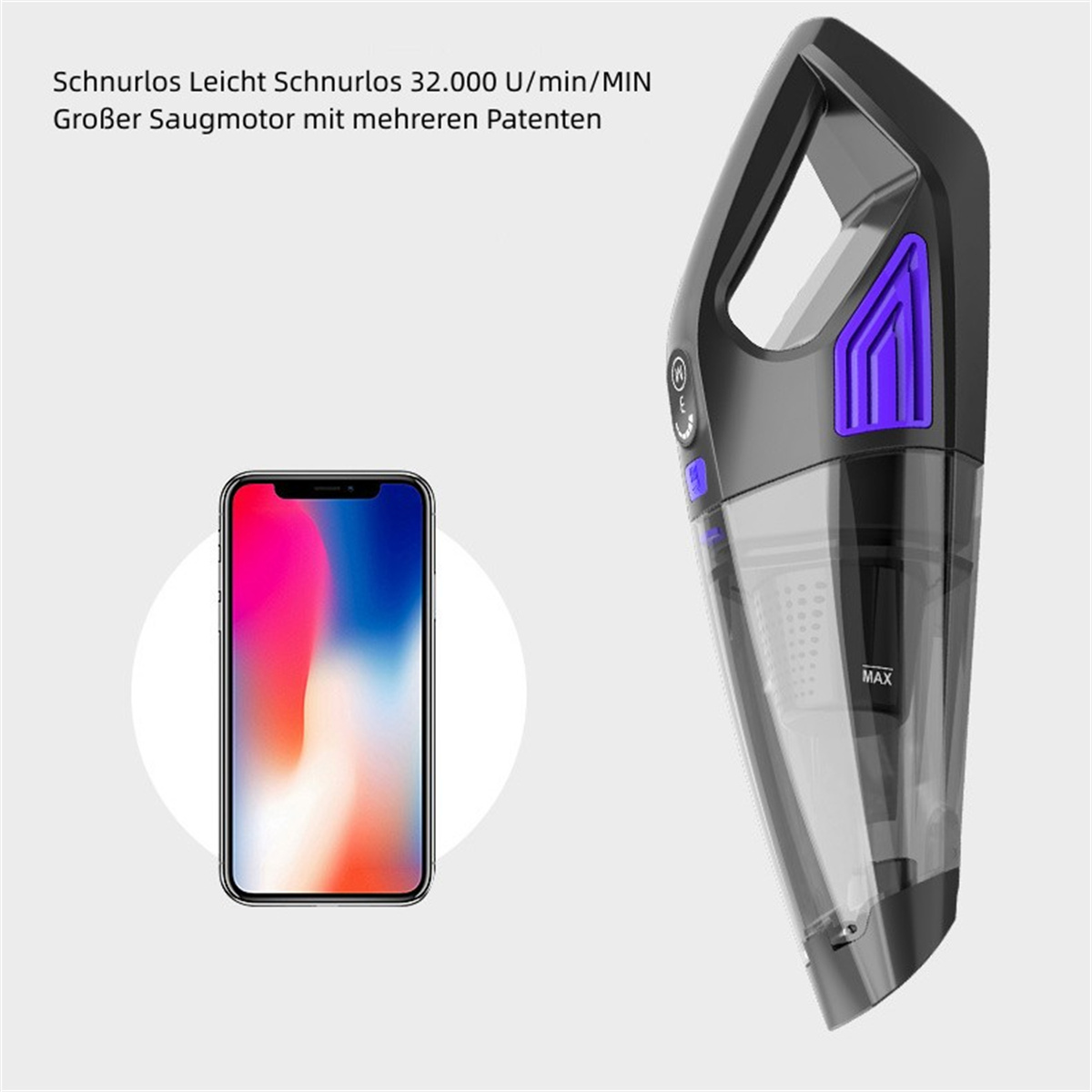 Ein Handstaubsauger mit einem Telefon, das auf der linken Seite einen farbenfrohen Bildschirm zeigt.