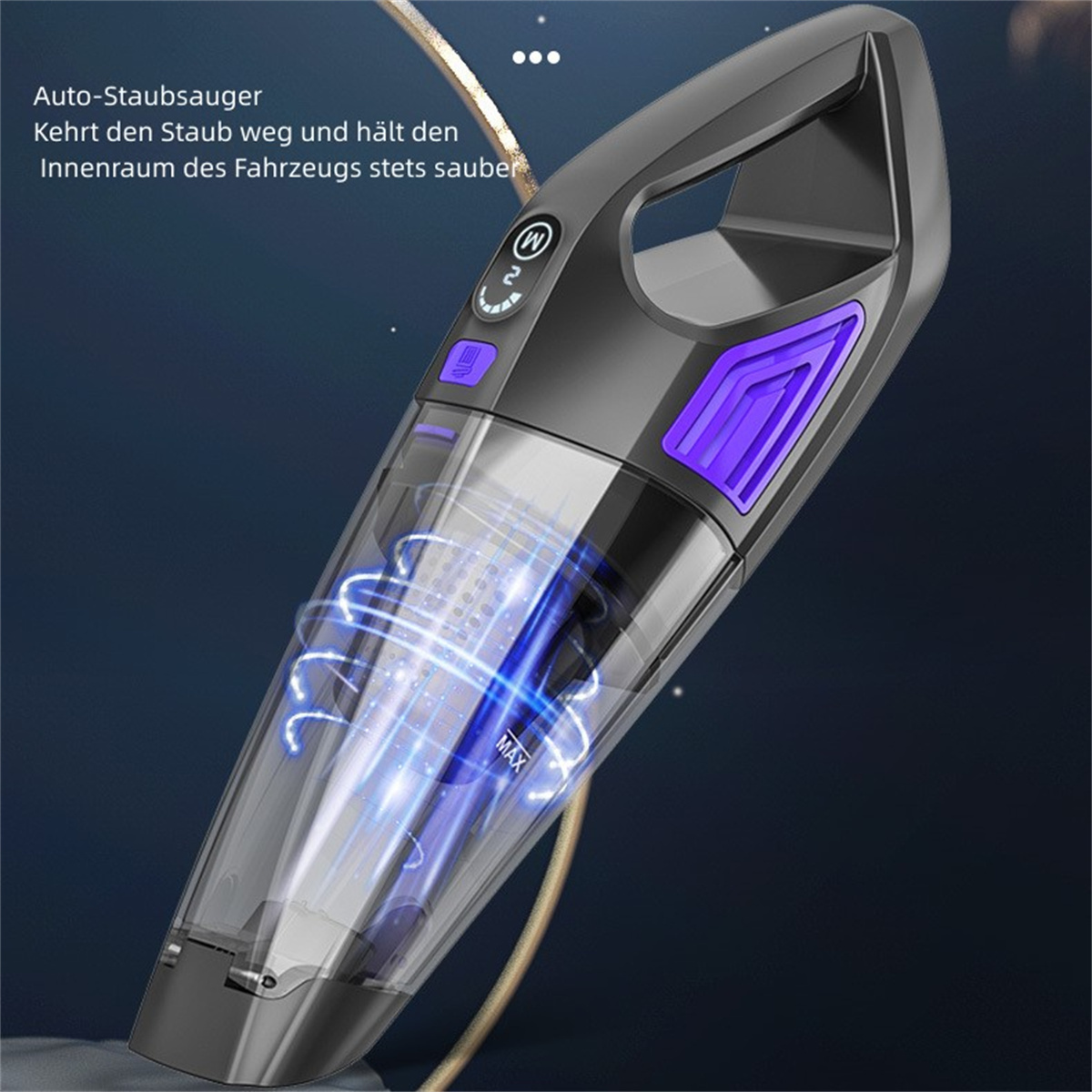 Ein Handstaubsauger mit blauen Energielinien auf dunklem Hintergrund.