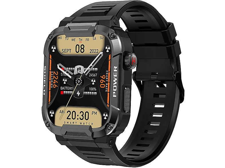 SYNTEK Smartwatch Schwarz Sport Bluetooth Herzfrequenz Blutdruck Gesundheit Uhr Smartwatch Eloxiertes Aluminium-Metall Silikon, 22 mm, Schwarz