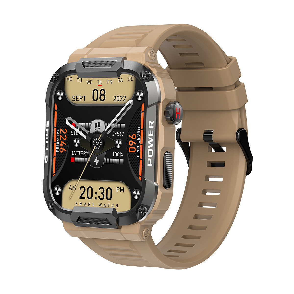 Braune Smartwatch mit schwarzem Display, zeigt Datum und Uhrzeit. Braunes Armband und schwarze Akzente.