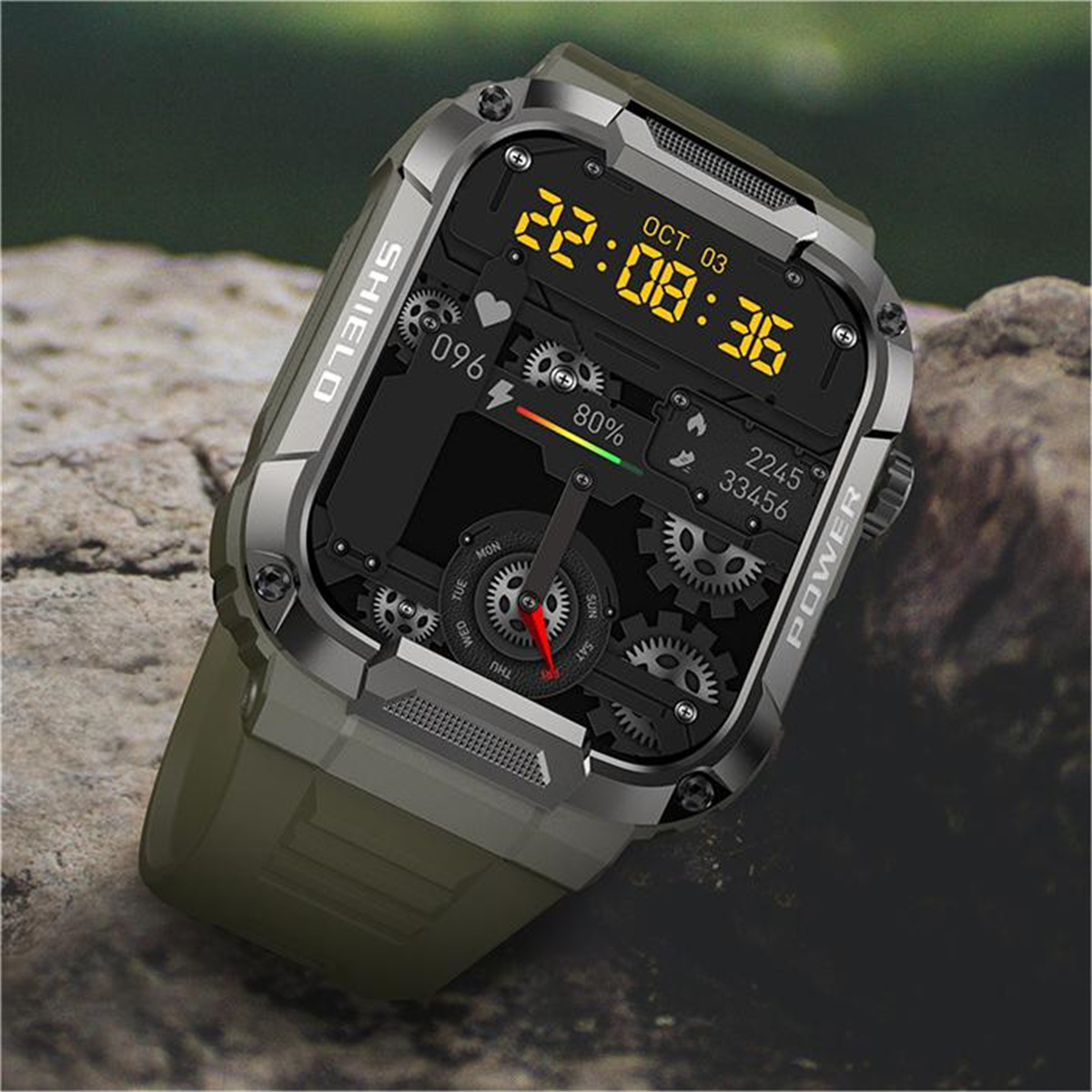 Smartwatch mit Digitalanzeige, die Zeit, Herzfrequenz, Akku anzeigt.