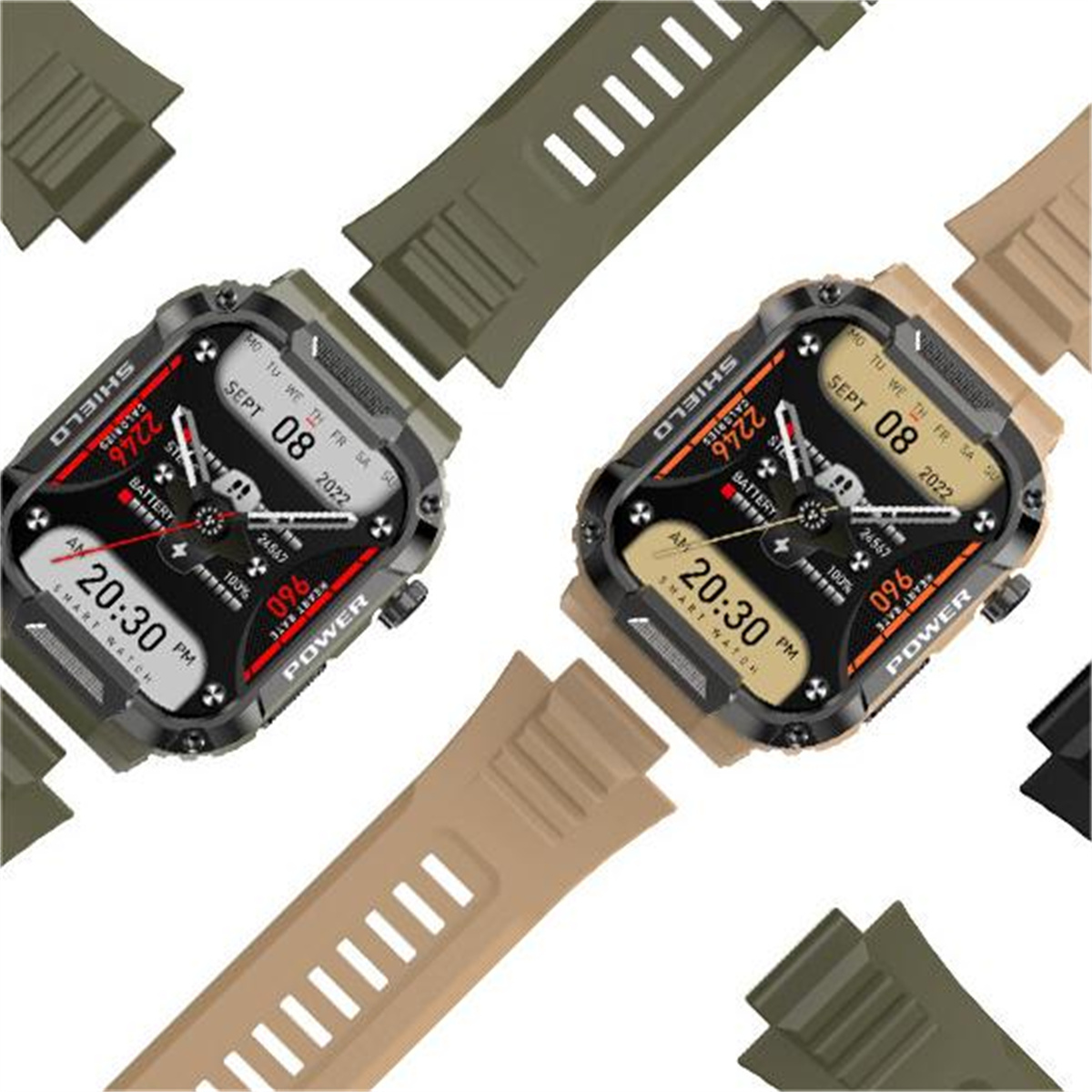 Zwei Smartwatches mit mehreren Armbändern. Uhren haben schwarze und silberne Gehäuse, mit digitaler Anzeige.