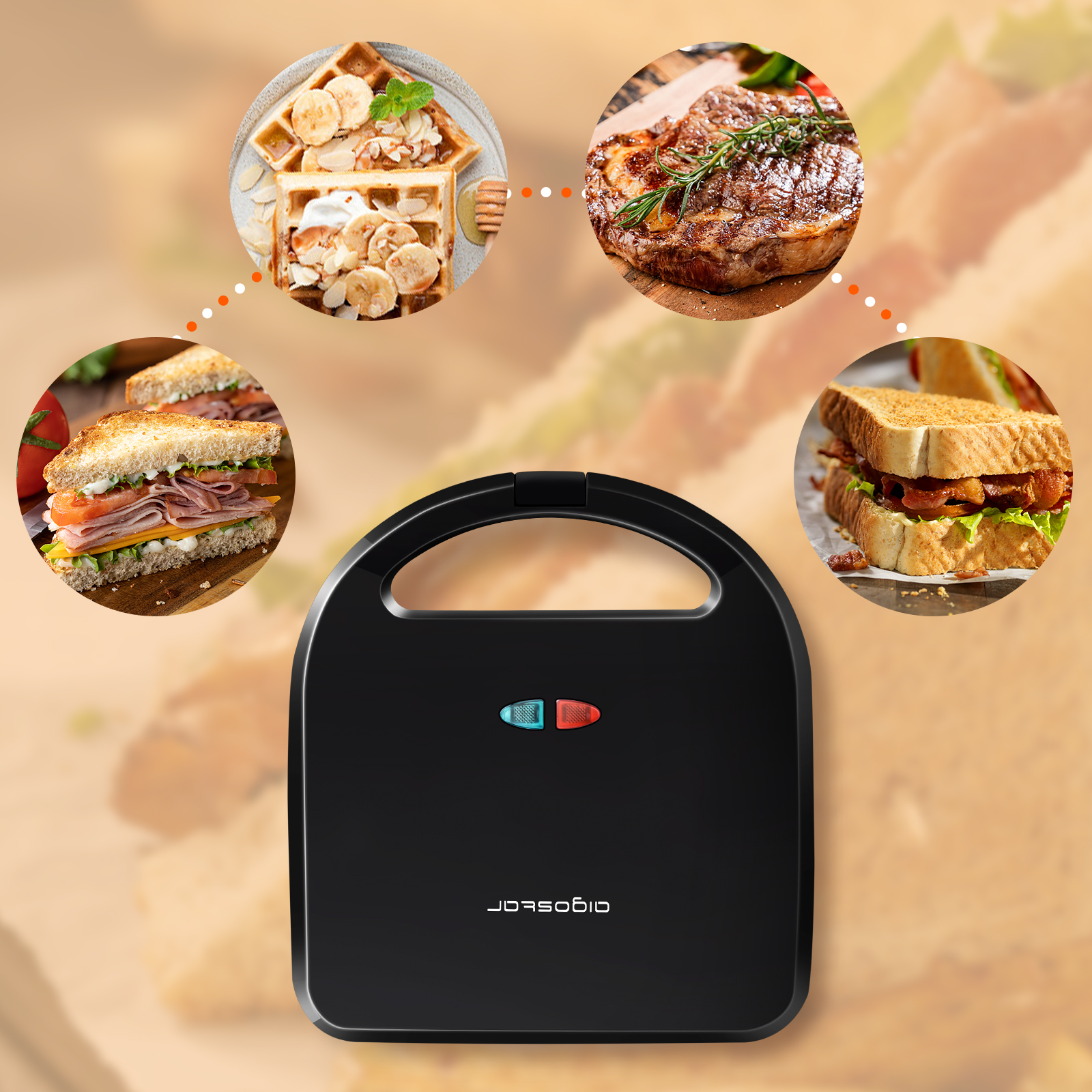 Schwarzer Sandwichmaker mit Bildern von Essen. Enthält Waffeln, Steak und Sandwiches. Schwarzer Hintergrund.