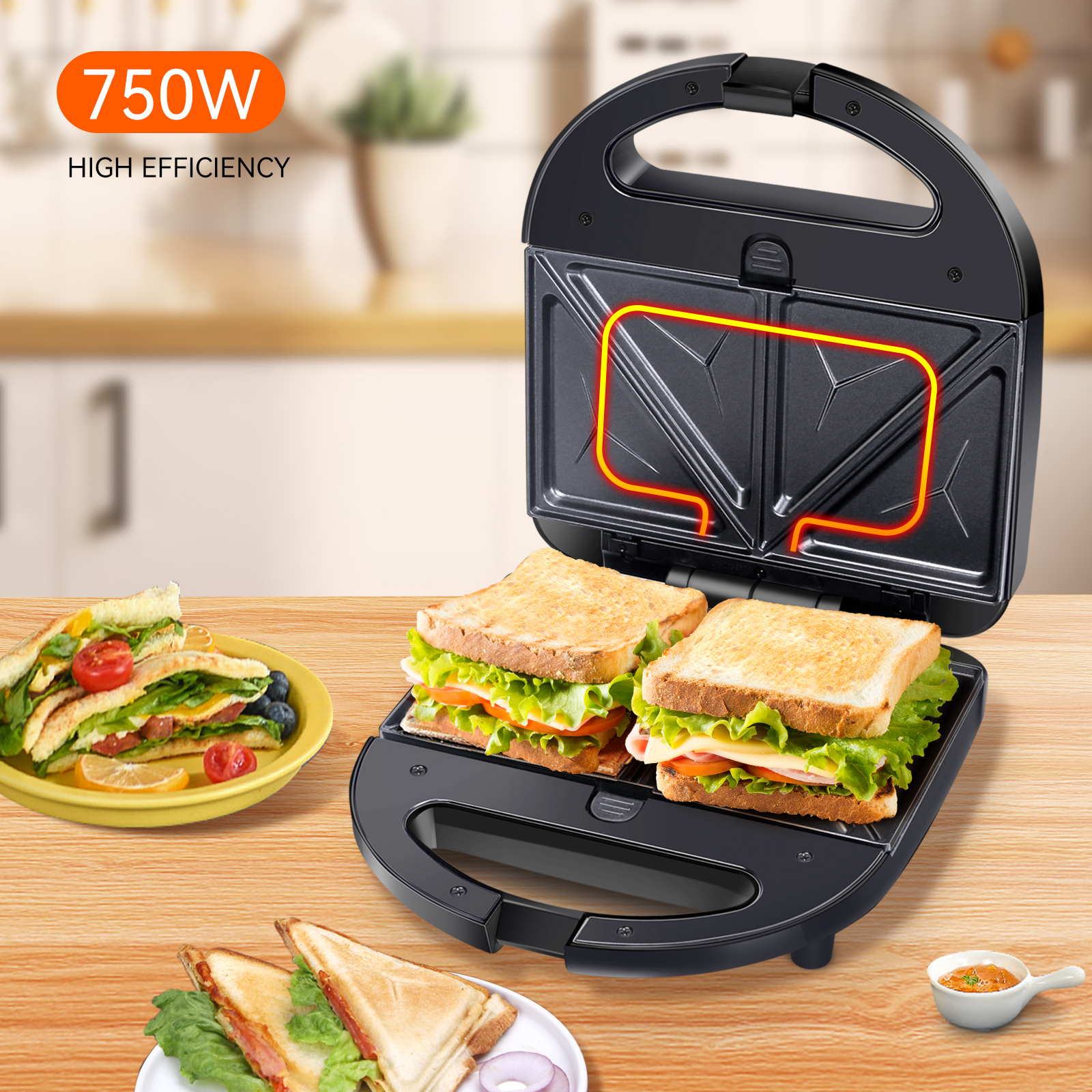 Sandwich-Maker mit Sandwiches. Geschnittene Sandwiches daneben. Holztisch.