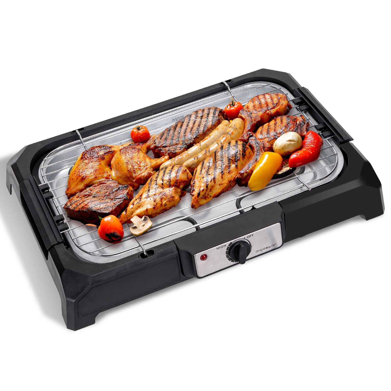 Parrilla eléctrica con carnes y verduras a la parrilla sobre una superficie blanca.