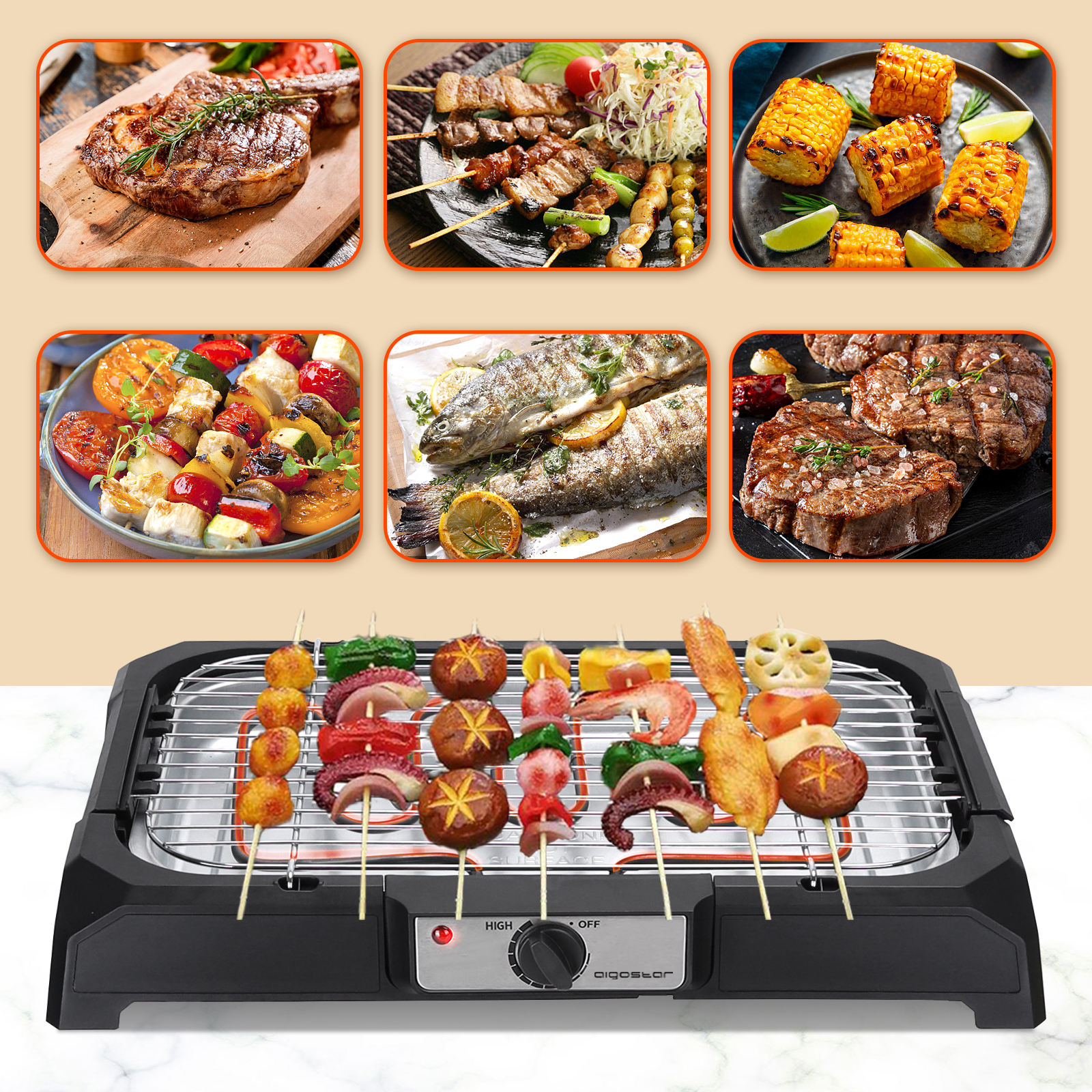 Parrilla con varios alimentos cocinados, incluyendo bistec, brochetas y maíz.
