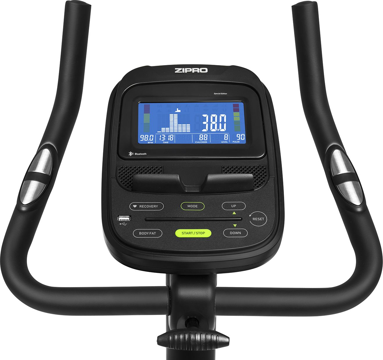 Ergometer-Konsole mit Statistiken: Geschwindigkeit, Zeit, Kalorien, Stufe und Puls.