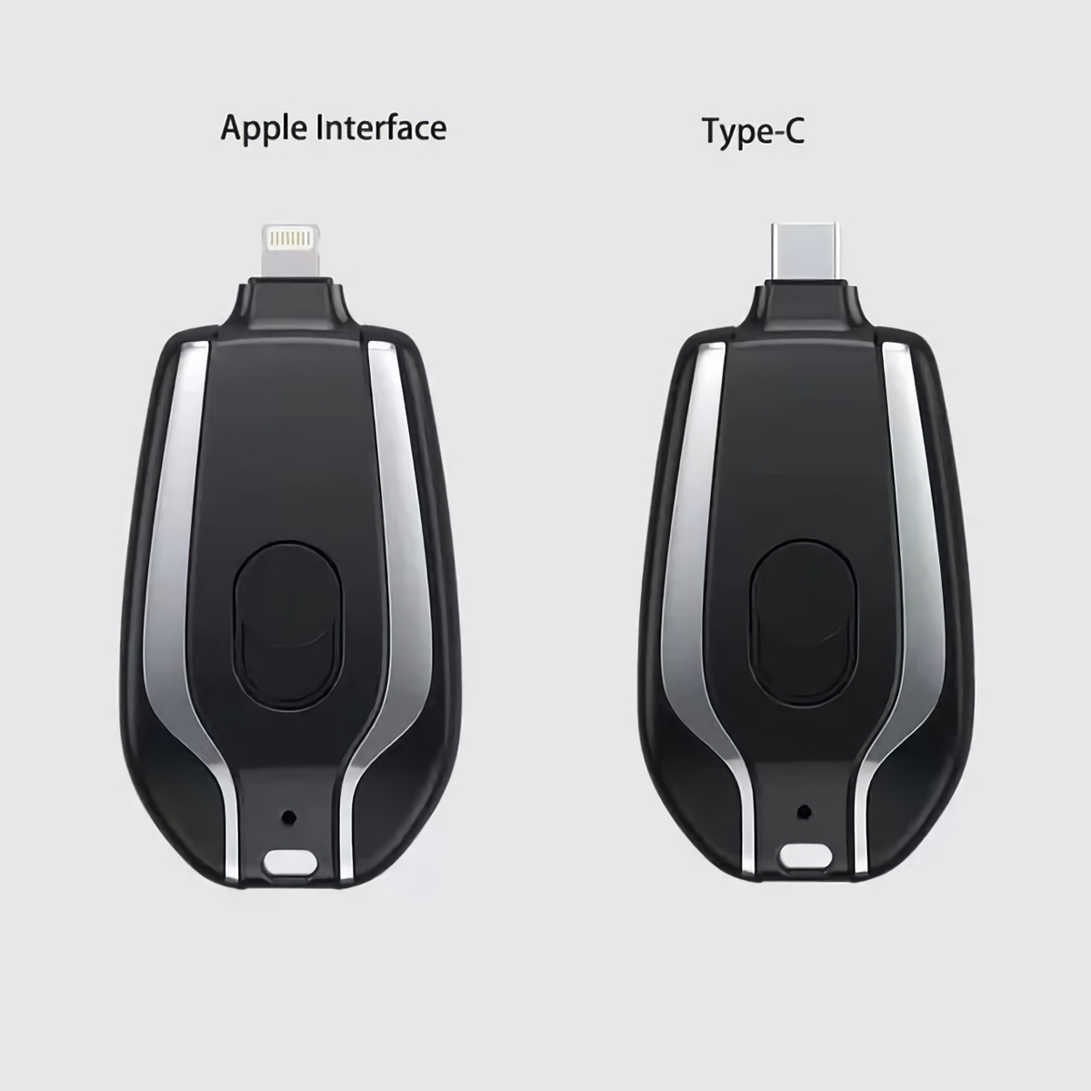 Dos adaptadores negros con detalles plateados, interfaces Apple y Tipo-C, con etiquetas de texto blanco. Fondo gris.