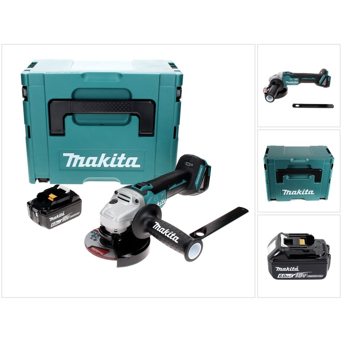 Makita Winkelschleifer, Akku und Koffer. Türkis und Schwarz. Zusätzliche Ansichten.
