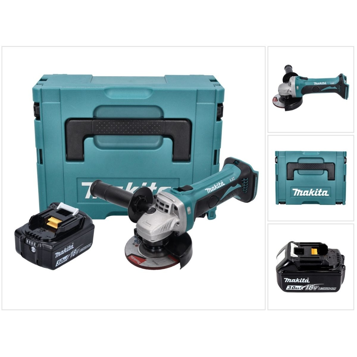Makita Winkelschleifer-Set: türkisfarbener Koffer, Winkelschleifer, Akku. Weißer Hintergrund.