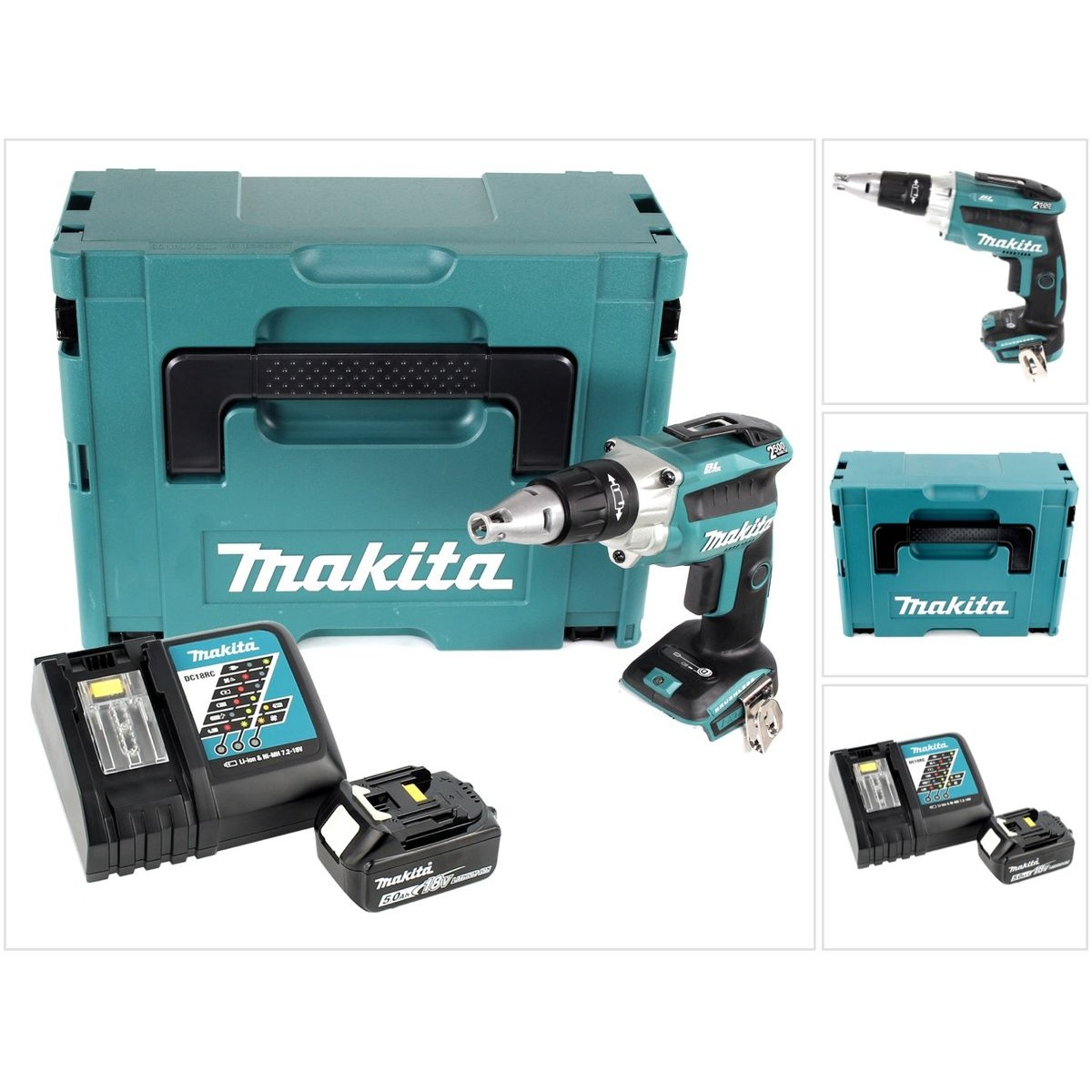 Ein Makita-Bohrer-Set mit Bohrer, Akku, Ladegerät und teal-farbenem Koffer auf weißem Hintergrund.
