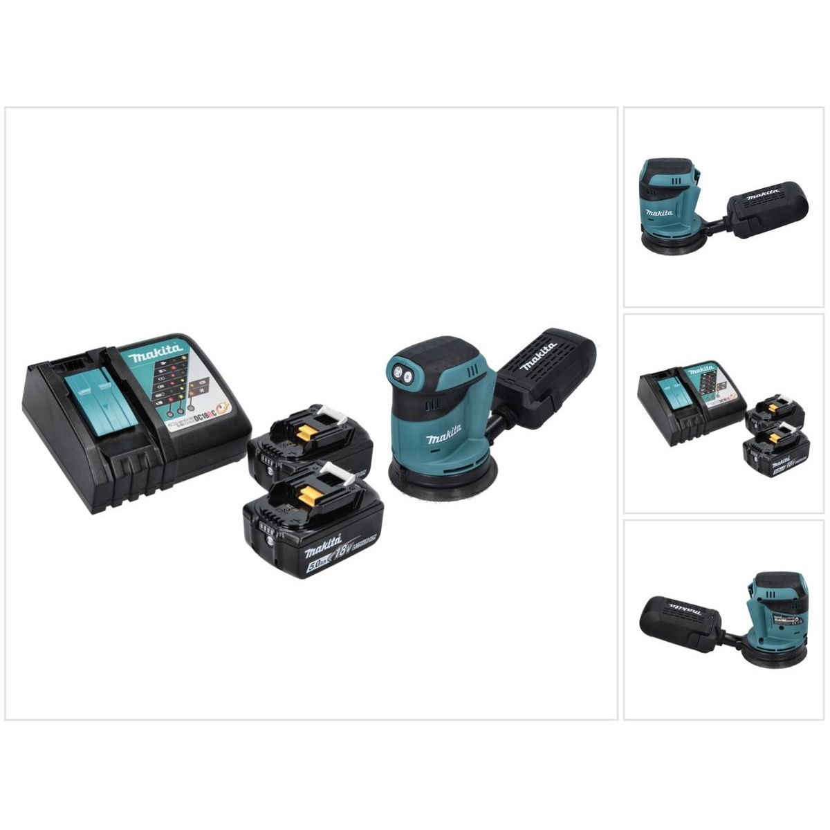 Makita Schleifmaschine-Set mit Ladegerät, Akkus und tealfarbener Box. Werkzeuge auf weißem Grund.