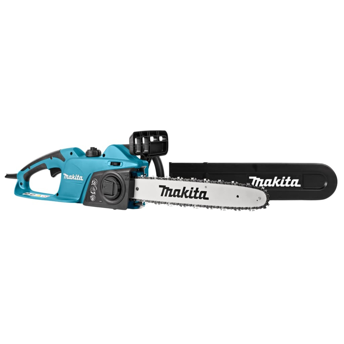 Blaue Kettensäge mit schwarzem Griff und schwarzer Abdeckung. Marke Makita.