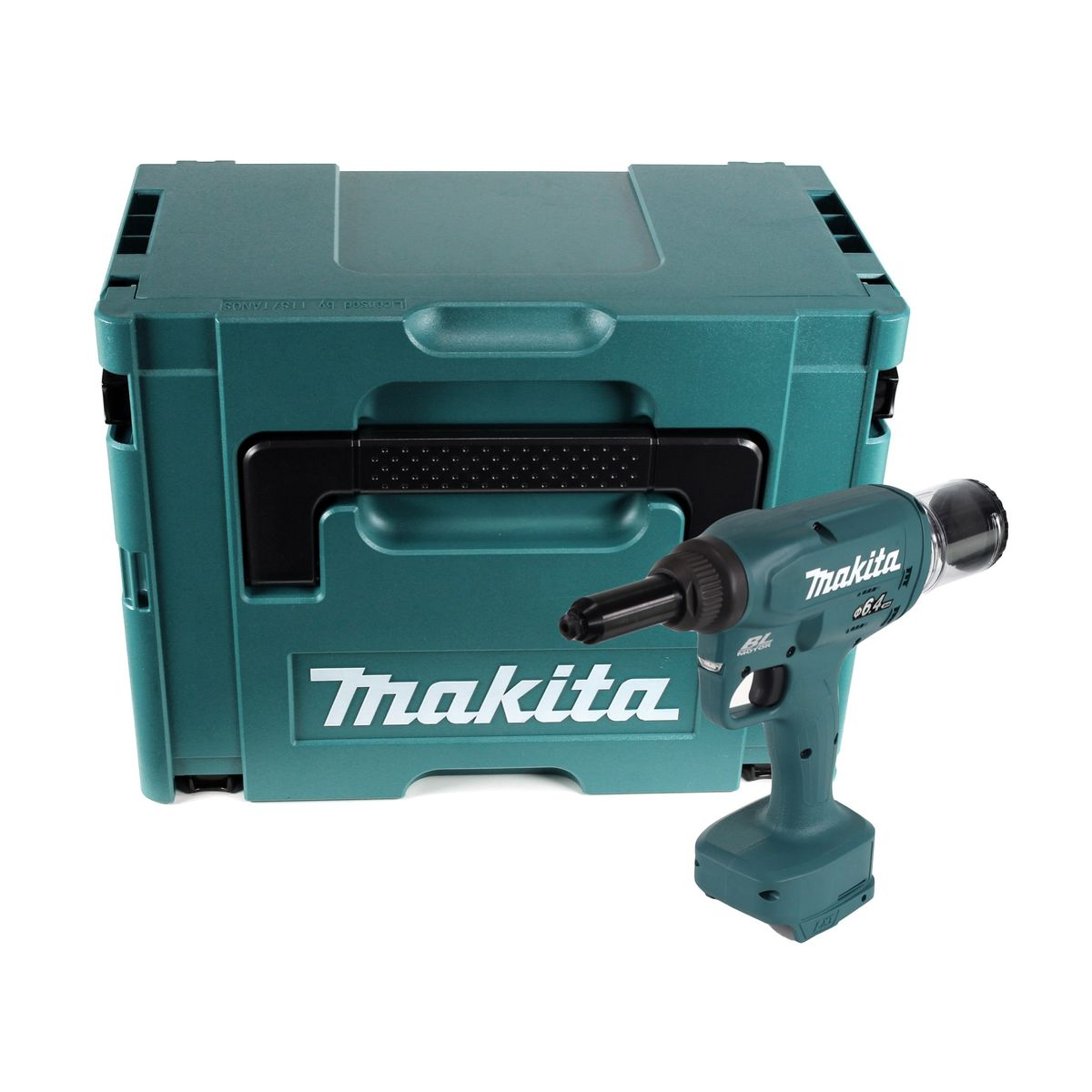 Valigetta attrezzi Makita verde acqua e rivettatrice elettrica. Bianco.