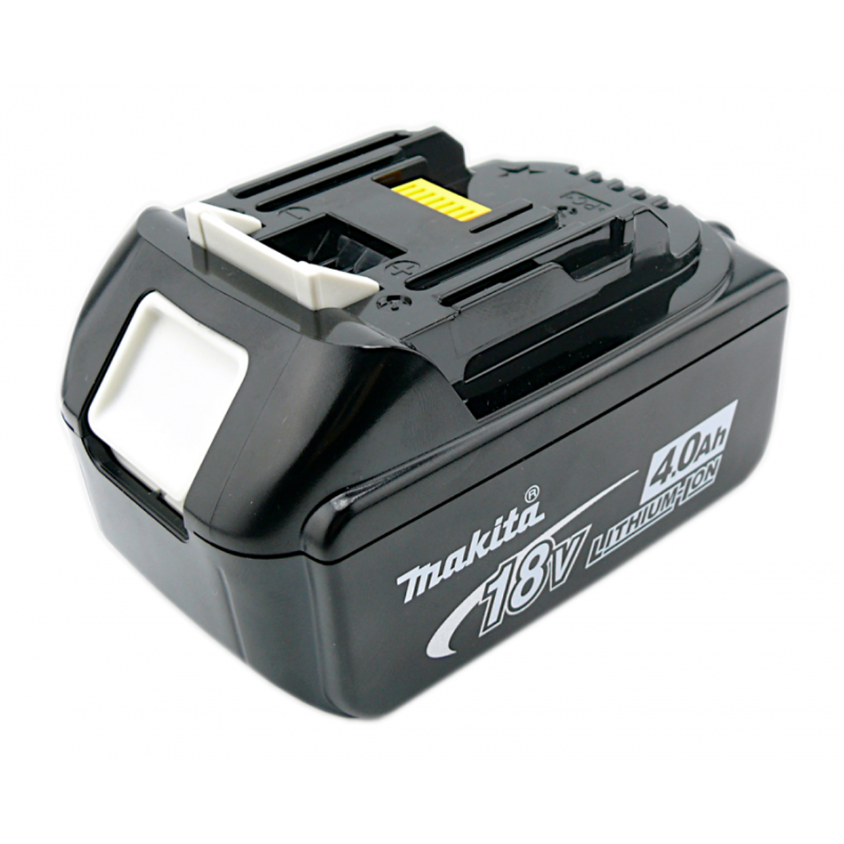 Makita 18V Lithium-Ionen-Akku, schwarz mit weißen und gelben Akzenten.
