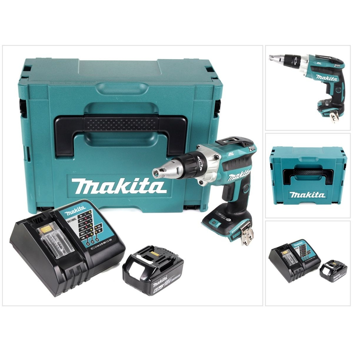 Makita Akku-Schraubendreher-Set mit Koffer, Ladegerät, Akkus und Zubehör.