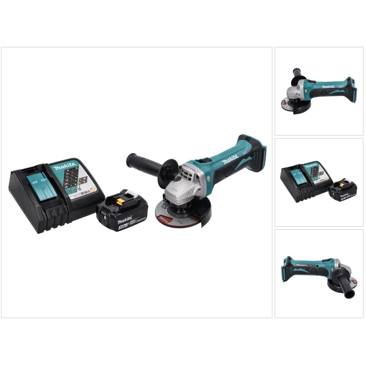 Makita Elektrowerkzeuge: Winkelschleifer, Ladegerät und Akku. Türkis-schwarzes Farbschema. Weißer Hintergrund.