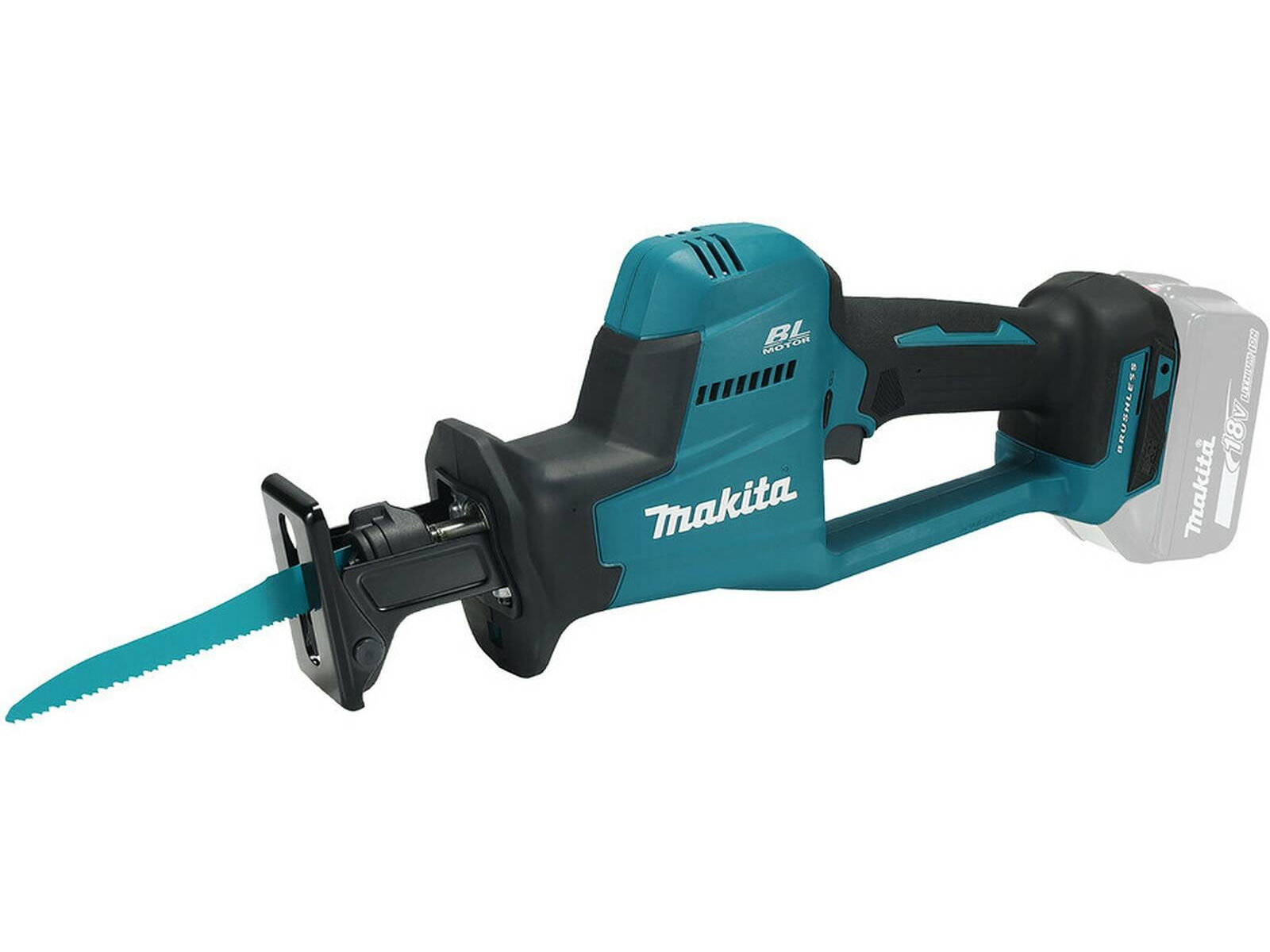 Een teal en zwarte Makita reciprozaag met een blauw zaagblad en een witte batterij.
