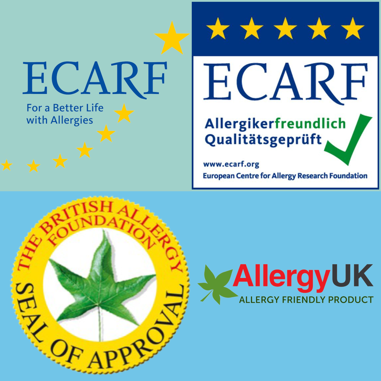 Verschiedene Logos für Allergie-Zertifizierungen, darunter ECARF, AllergyUK und British Allergy Foundation.