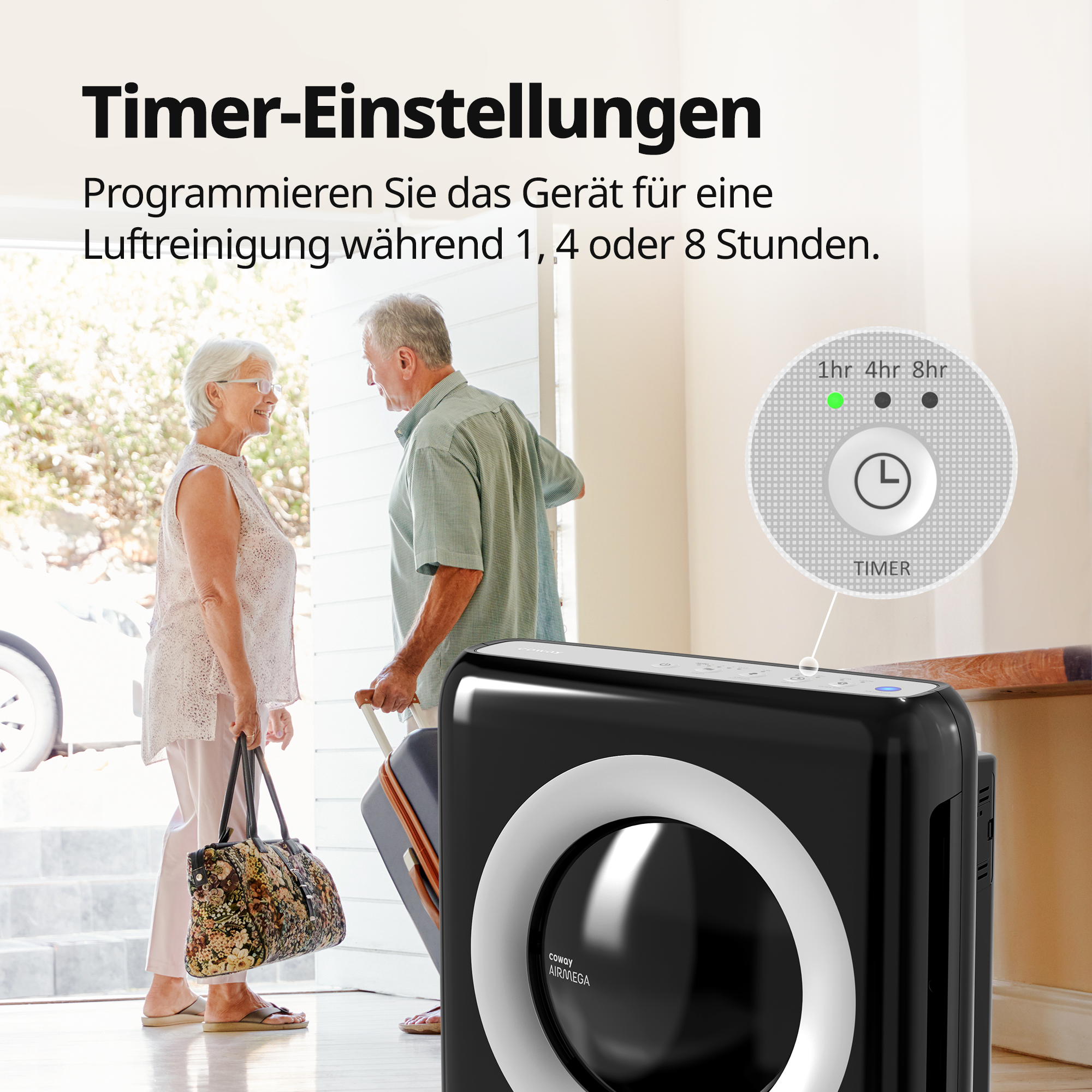 Zwei Personen in der Nähe eines Luftreinigers, mit Timereinstellungen im Hintergrund.