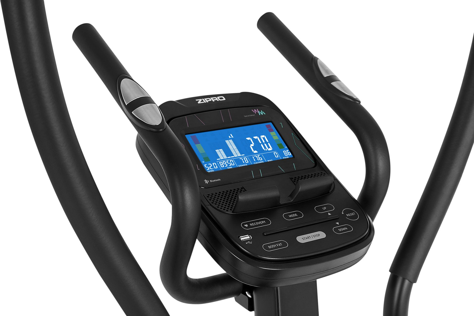 Ellipsentrainer mit digitaler Anzeige. Schwarze Griffe. Die Anzeige zeigt Trainingsstatistiken.