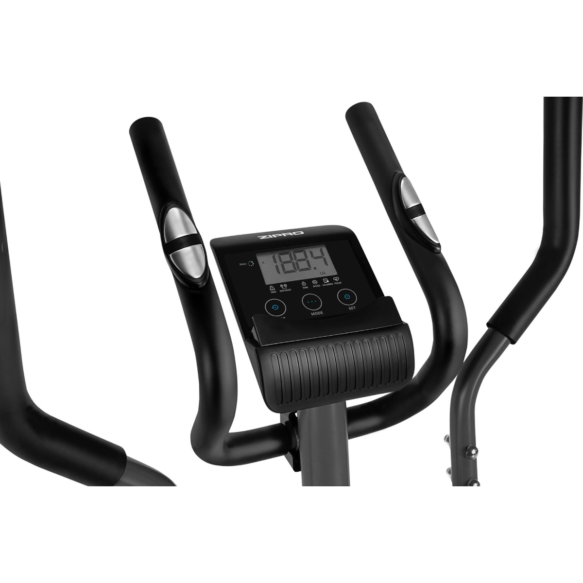 Elliptischer Trainer Nahaufnahme. Schwarze Griffe mit Digitalanzeige.