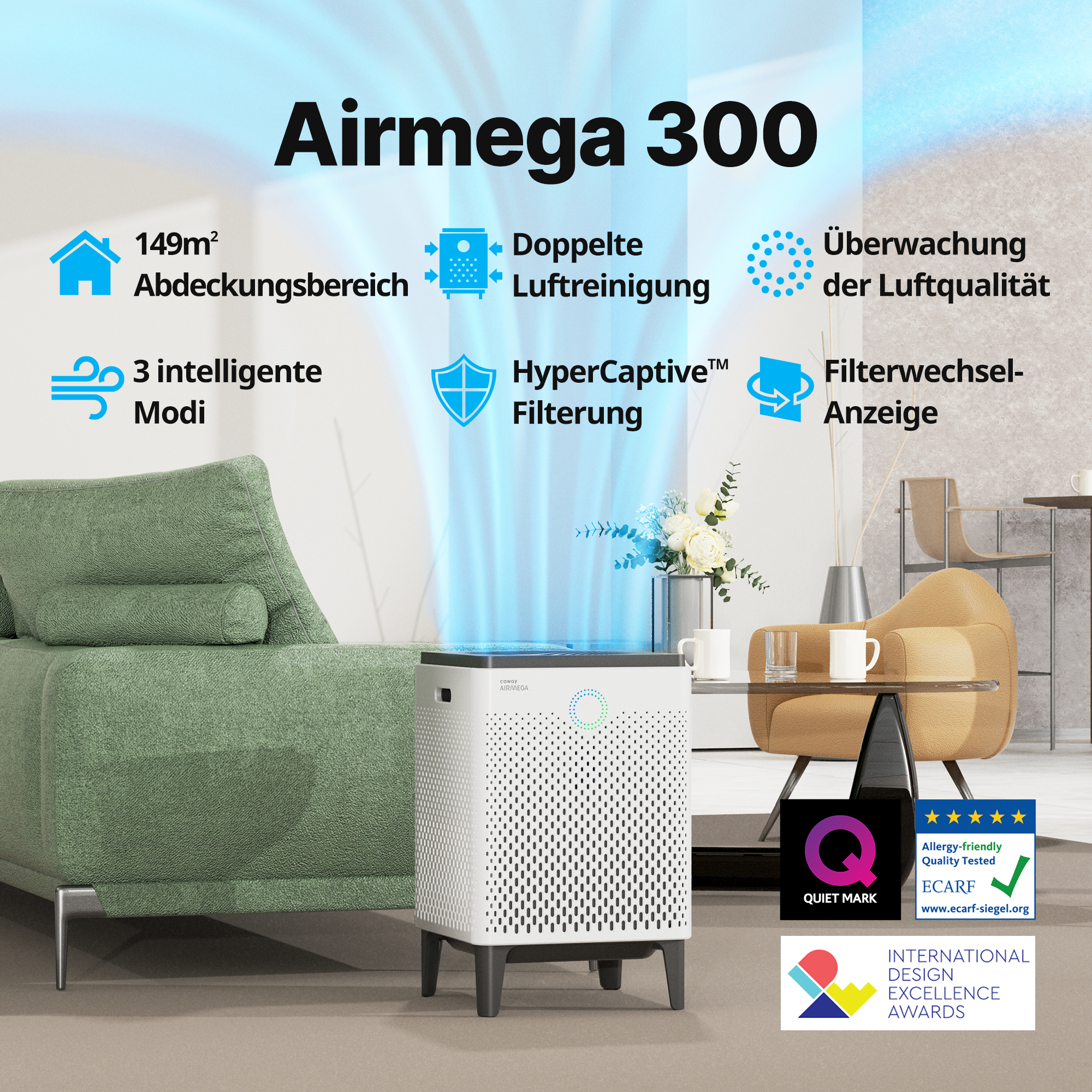 Luftreiniger Raumgröße: Watt, COWAY COWAY Weiß Airmega 149 m²) AP-1515H (57 hepa 300 luftreiniger